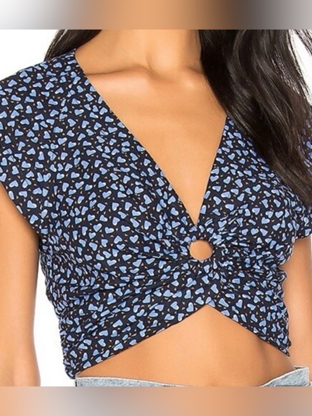 Free People Havana Honey Heart Print Cropped V-Neck Ring Front womens Top M